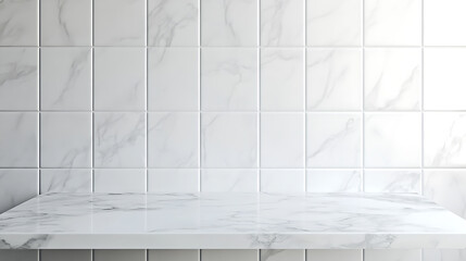 Poster - Empty white marble table top with white ceramic tile wall background, mock up banner ads size for display or montage of product