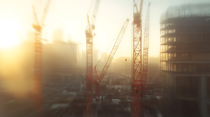 Poster - Blurred cranes working on a construction site on a sunny day