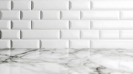 Poster - Empty white marble table top with white ceramic tile wall background, mock up banner ads size for display or montage of product