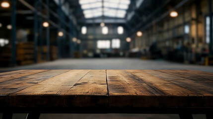 Aufkleber - Empty wooden table providing enough copy space for image against blurred industrial warehouse background