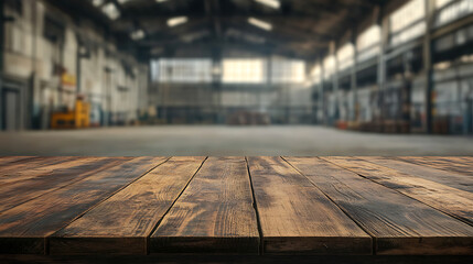 Poster - Empty wooden table providing enough copy space for image against blurred industrial warehouse background