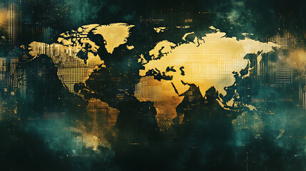 Poster - Abstract world map with financial data overlay technical background