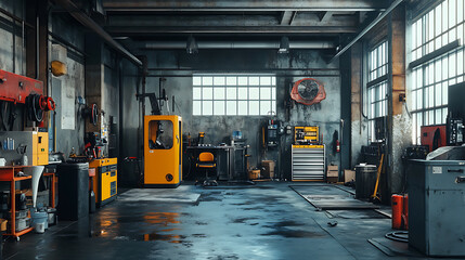 Poster - Empty workshop with a lift in a car repair station