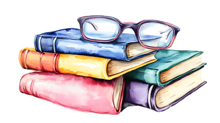 Poster - Bookworm clipart with glasses and a stack of books, , watercolor illustration, perfect for nursery art, simple clipart, single object, white color background