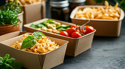 Poster - Enjoy organic takeout food served in convenient paper containers at home, eco-friendly packaging concept