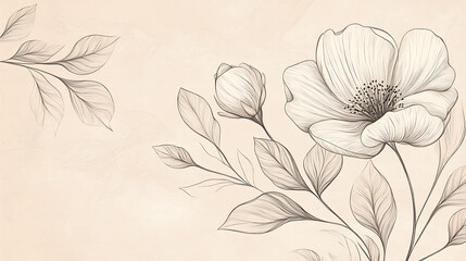 Poster - Botanical line art poster, delicate flowers and leaves on a beige background