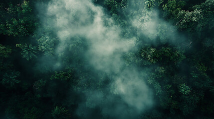 Fototapete - Aerial view of a dense jungle forest with fog and clouds, a rainforest landscape