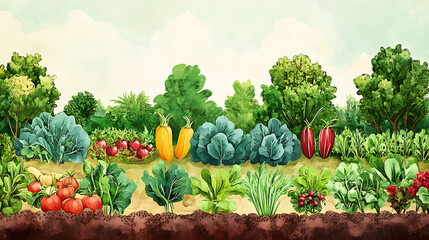 Poster - Botanical illustration of a vegetable garden, ideal for educational content and gardening guides