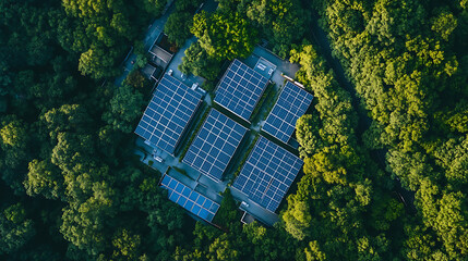 Aufkleber - Aerial view of a large-scale data center powered by sustainable energy with solar panels on the roof, surrounded by greenery