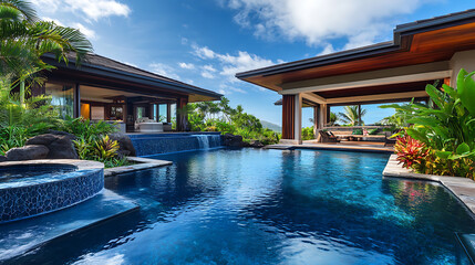 Poster - Experience the ultimate luxury and tranquility of a tropical poolside paradise surrounded by lush greenery, exotic plants, and crystal clear water