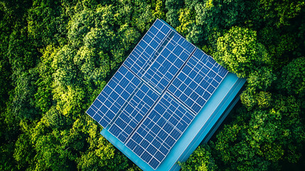 Aufkleber - Aerial view of a large-scale data center powered by sustainable energy with solar panels on the roof, surrounded by greenery