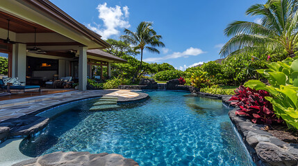 Poster - Experience the ultimate luxury and tranquility of a tropical poolside paradise surrounded by lush greenery, exotic plants, and crystal clear water