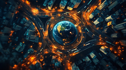 Aufkleber - Aerial view of earth globe surrounded by multiple highways, traffic lights glowing at night in city centers concept for global business technology and digital connectivity