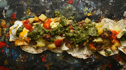 Poster - Breakfast tacos filled with scrambled eggs, chorizo, diced potatoes, and salsa verde