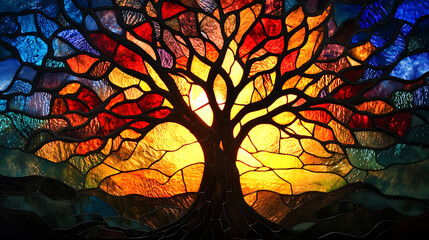 Poster - Breathtaking stained glass artwork: tree of life in cinematic style