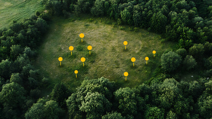 Poster - Aerial view of land with network markers representing land development planning and connectivity