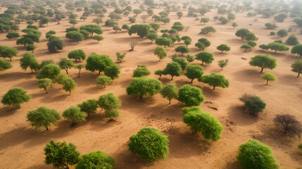 Aufkleber - Aerial view of robust trees dotting the sandy landscape, symbolizing the african great green wall initiative combating desertification and promoting sustainability in the sahel region