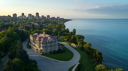 Poster - Aerial view of the exterior of a large luxury home with an attached garage on the lake michigan shore in a scenic neighborhood with a driveway and landscaping