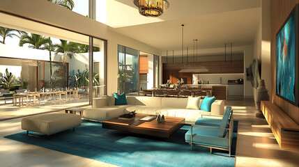Poster - Bright living room with blue accents, modern furniture, and a serene atmosphere