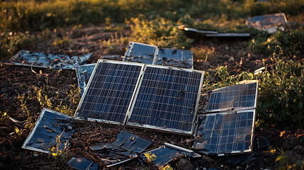 Aufkleber - Broken solar panels lying on the ground in a field, highlighting the issue of electronic waste and the need for responsible recycling in the renewable energy sector