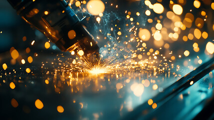 Poster - Ai cnc automatic machine laser welding metal sheet with sparks and bokeh light in factory