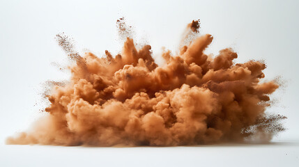 Aufkleber - Brown powder explodes, creating a dynamic cloud against a white background, messy burst adds impact, ideal for dramatic designs, earthy tones evoke chocolate, coffee, soil