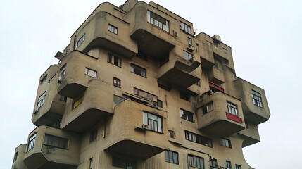 Poster - Building with multiple floors under the open sky, numerous windows on balconies, building a tall, monolithic structure