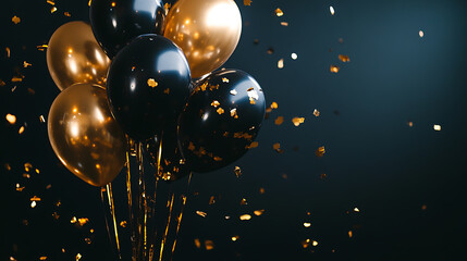 Aufkleber - Bunch of black and gold balloons on a dark background with golden confetti, creating a festive atmosphere for black friday
