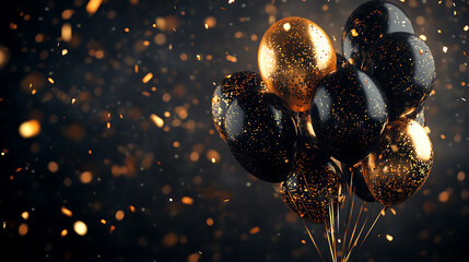 Aufkleber - Bunch of black and gold balloons on a dark background with golden confetti, creating a festive atmosphere for black friday