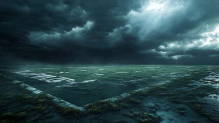 Poster - American football field in a dark stormy sky, 3d rendering