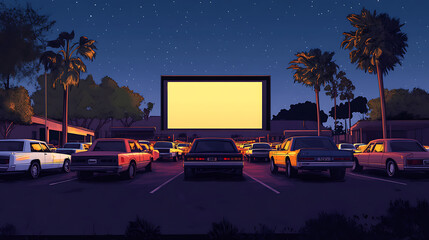 Poster - American drive-in with cars lined up in front of an outdoor cinema screen