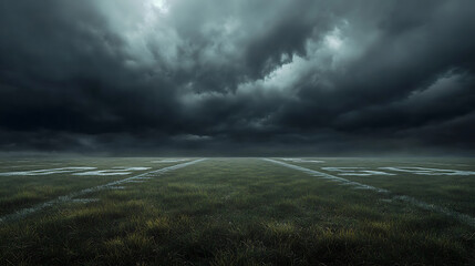 Wall Mural - American football field in a dark stormy sky, 3d rendering