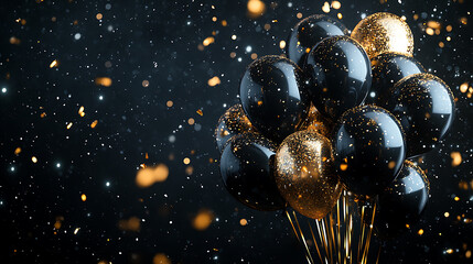 Poster - Bunch of black and gold balloons on a dark background with golden confetti, creating a festive atmosphere for black friday