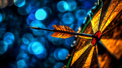 Aufkleber - An arrow hitting a bullseye on a dartboard, artistic style, with a blue bokeh background, concept of success