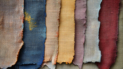 Aufkleber - Canvas texture with old paint mark, macro shot of a linen fabric surface with layers of chipped paint in various colors