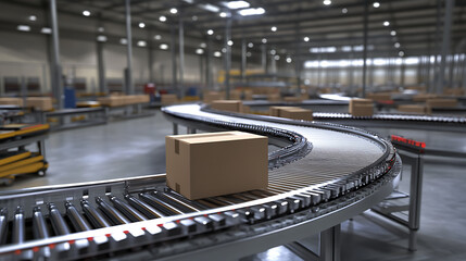 Poster - Cardboard boxes on conveyor belt rollers or production line, automated industrial factory manufacture