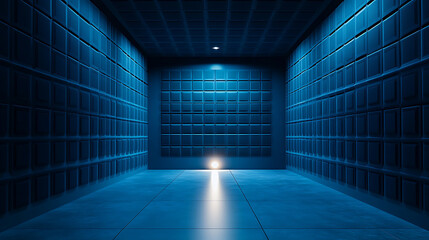 Poster - An empty blue soundproof chamber with a single light source