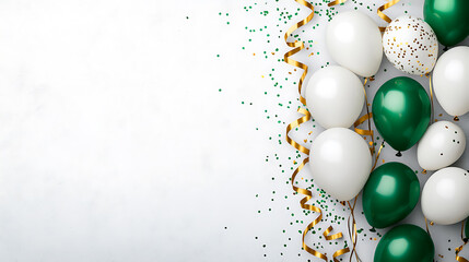 Aufkleber - Celebration background with green and white balloons, golden ribbons, and confetti on a light grey background