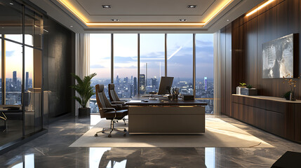Poster - Ceo business interior with desk near window, pc computer and mock up wall
