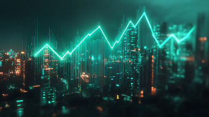 Aufkleber - Chart showing trending up, green arrow up, sunrise, dark blue and teal accents, business scaling up, glass effect, beautiful energy