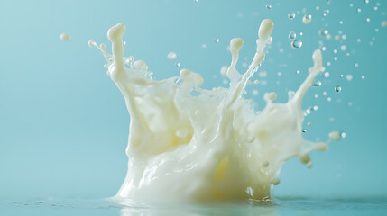 Poster - An energetic splash of water with dynamic droplets, on a light blue background, conveys a concept of freshness