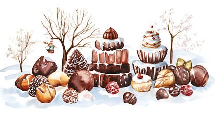Poster - Chocolate winter scene, watercolor illustration, perfect for nursery art, simple clipart, single object, white color background
