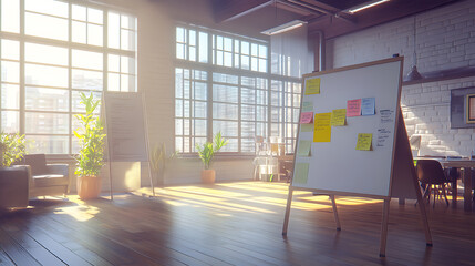 Poster - An office space with a flip chart and sticky notes, in a modern loft style, featuring large windows and wooden floor, a concept of a creative workplace