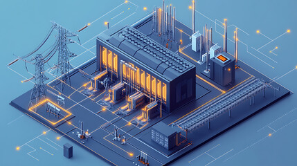 Aufkleber - An isometric schematic view of an electrical substation, power distribution, 3d illustration