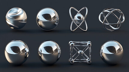 Poster - Chrome elements in three dimensions, abstract space icons in silver for y2k, galaxy and cosmic technology, online celebrities, the symbol for an atom, planets and comets in space, metal shapes set