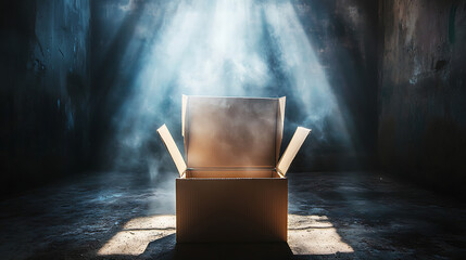 Poster - An open cardboard box emits radiant light beams in a dark, expansive setting, evoking themes of discovery, potential, and the unknown