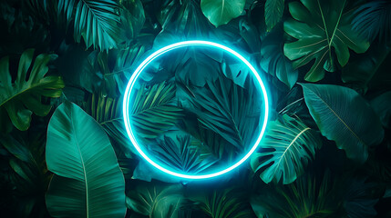 Poster - circle made of blus neon light on green jungle leaves background