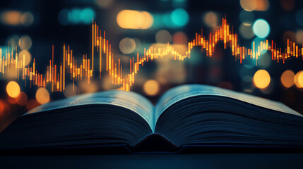 Aufkleber - An open knowledge book shows stock graphs and charts with blurred bokeh lights, on black background for overlay, crypto currency and finance investments concept and business analysis