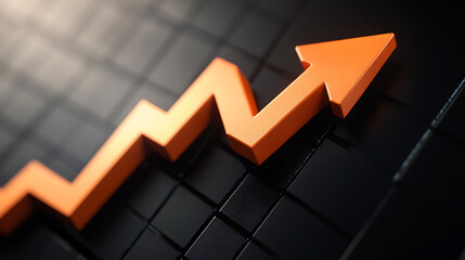 Aufkleber - An orange arrow pointing upwards on a black background going up in the shape of an upward graph