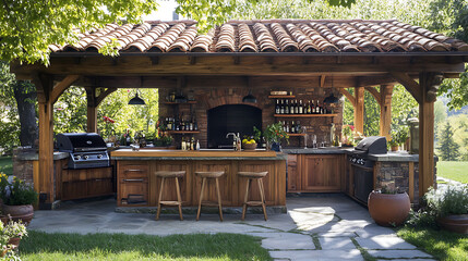 Aufkleber - An outdoor entertainment area with a built-in barbecue and a bar setup